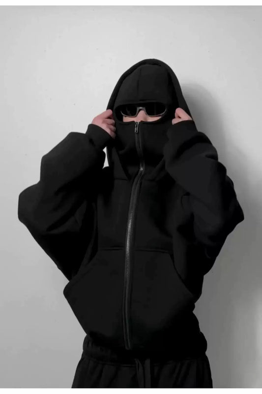 Siyah Unisex Oversize Tam Fermuarlı Maskeli Gotik Kapüşonlu Hoodie Sweatshirt
