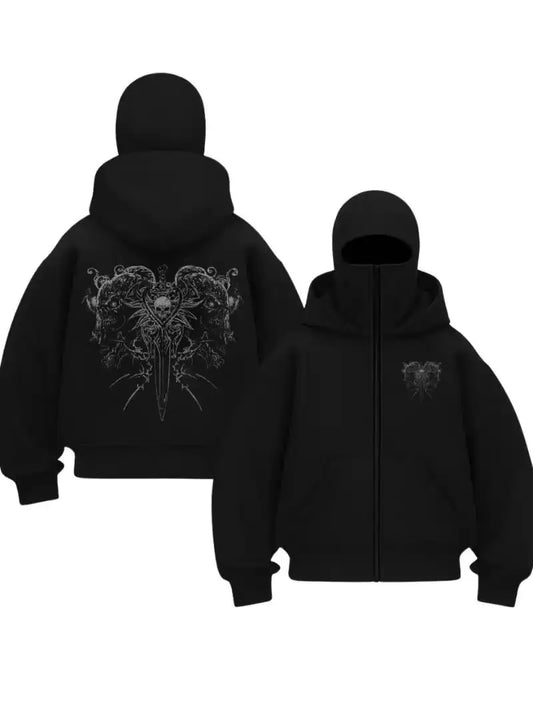 Siyah Gothic Warrior Baskılı Kar Maskeli Unisex Sweatshirt Hırka