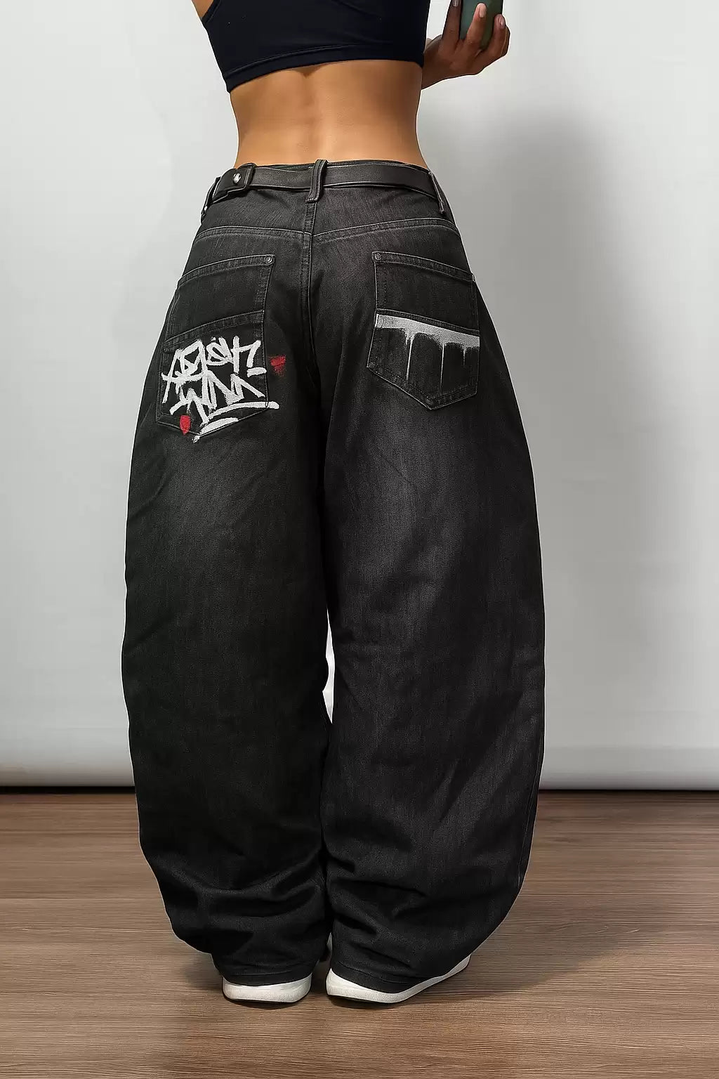 Siyah Grafiti Yıkamalı Harajuku Baggy Y2K Pantolon