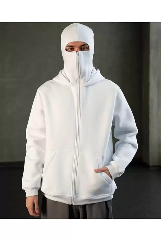 Beyaz Kar Maskeli Ninja Unisex Sweatshirt Hırka kalın polar