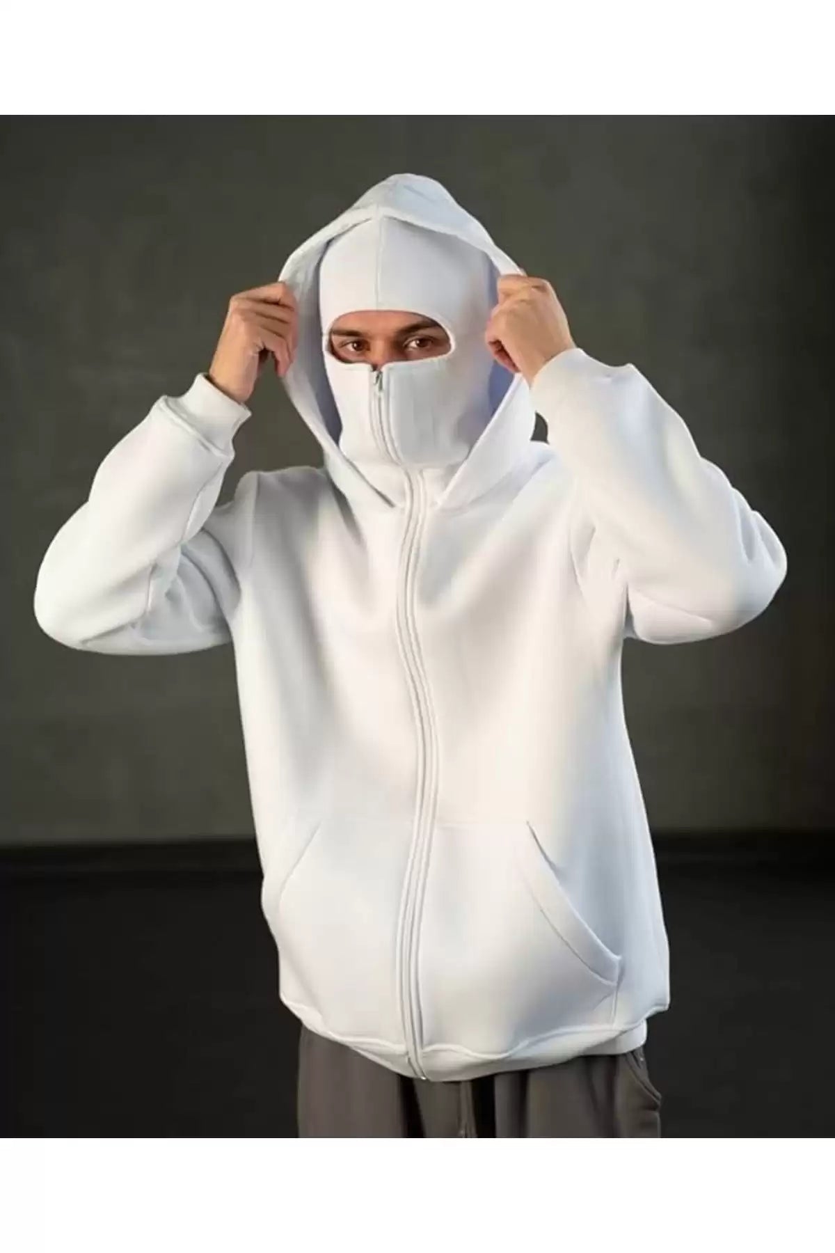Beyaz Kar Maskeli Ninja Unisex Sweatshirt Hırka kalın polar