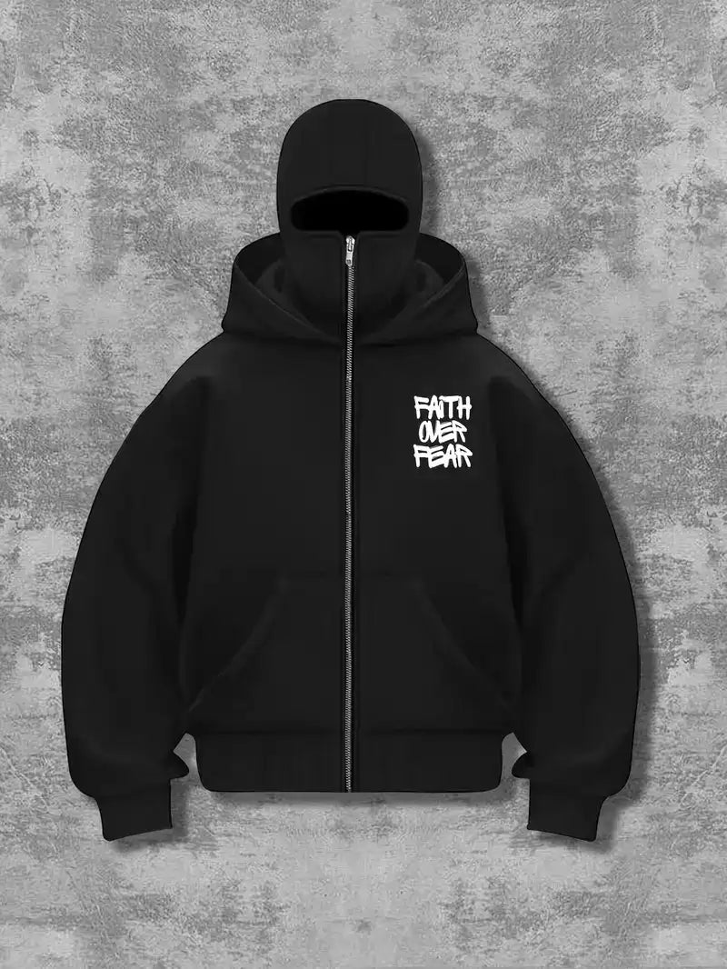 Unisex Oversize Siyah Fait Over Fear Baskılı Maskeli Hoodie
