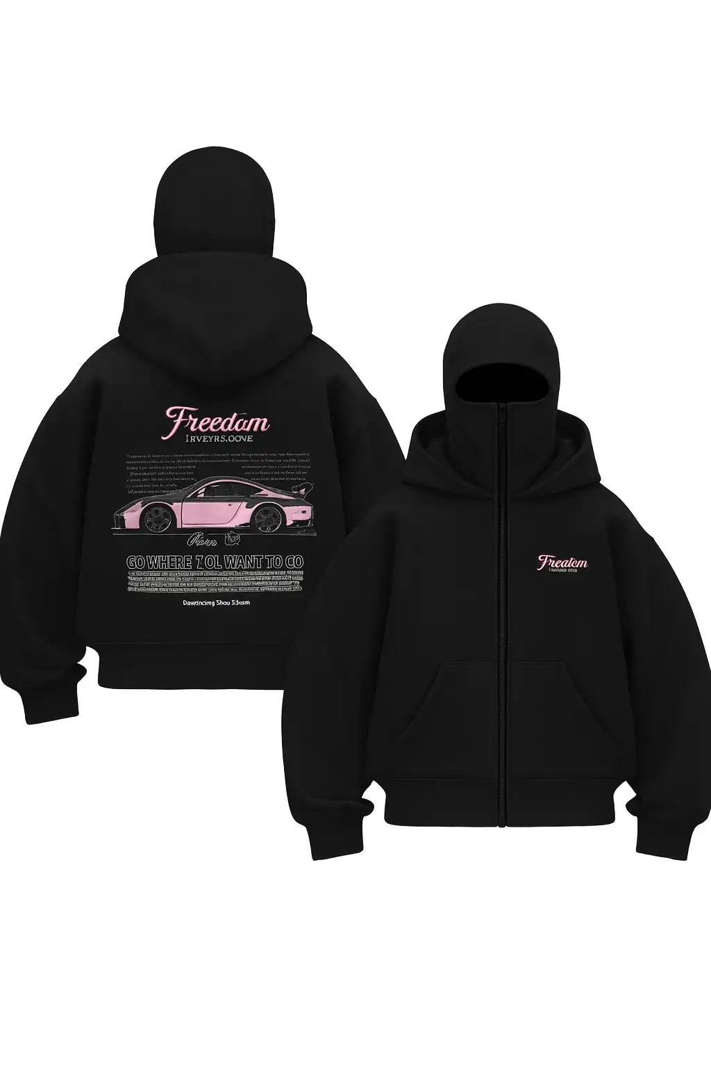 Unisex Oversize Siyah Freedom Araba Baskılı Maskeli Hoodie