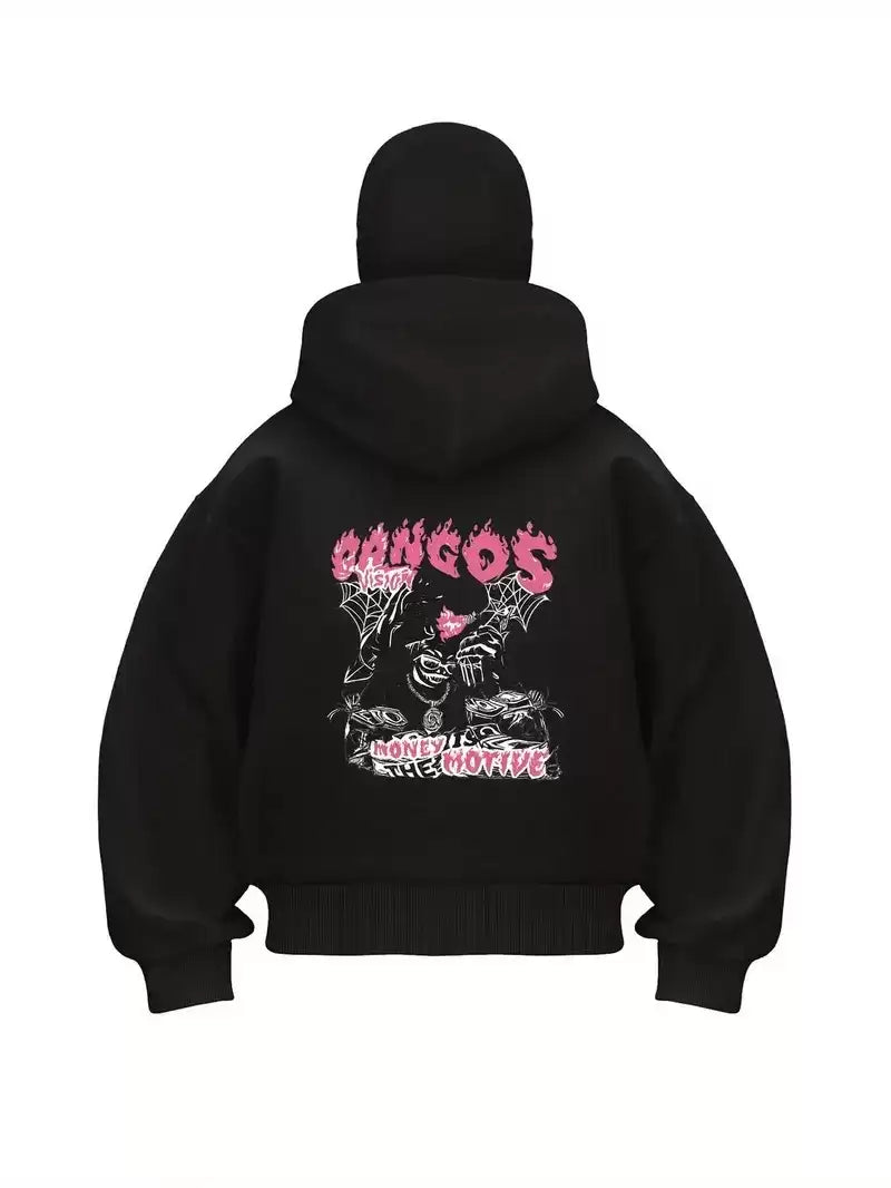 Unisex Oversize Siyah Gangos Money Motive Baskılı Maskeli Hoodie