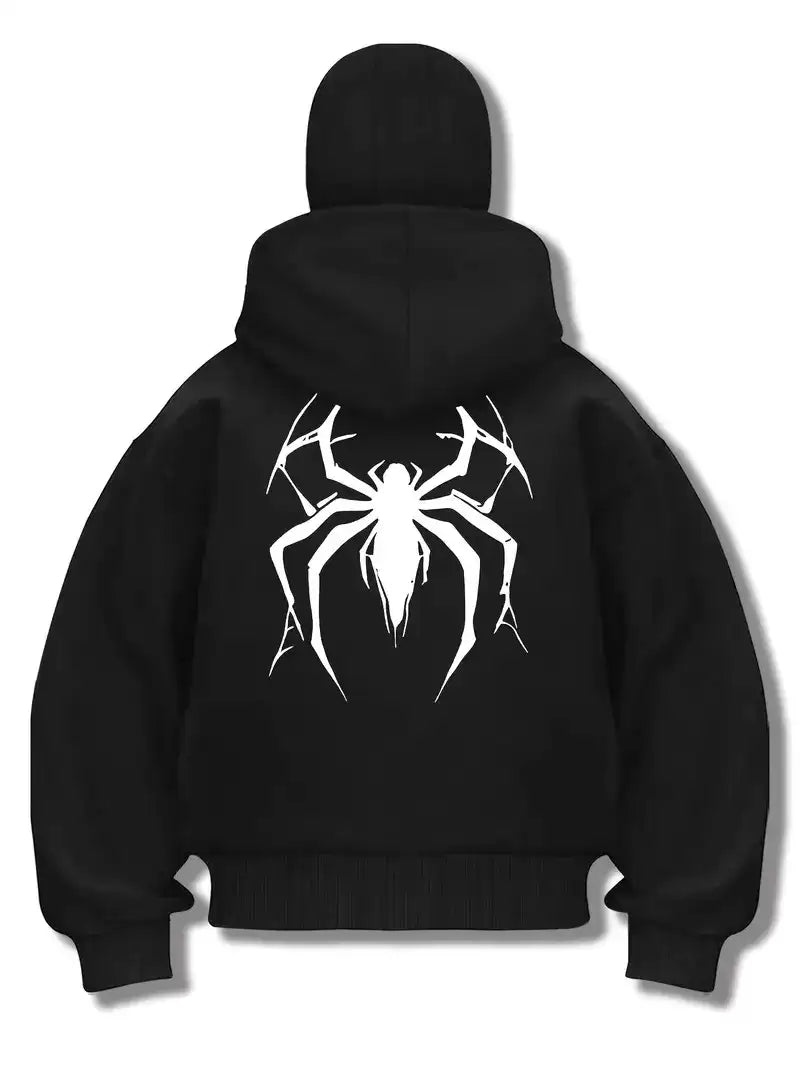 Unisex Oversize Siyah Spider Baskılı Maskeli Hoodie