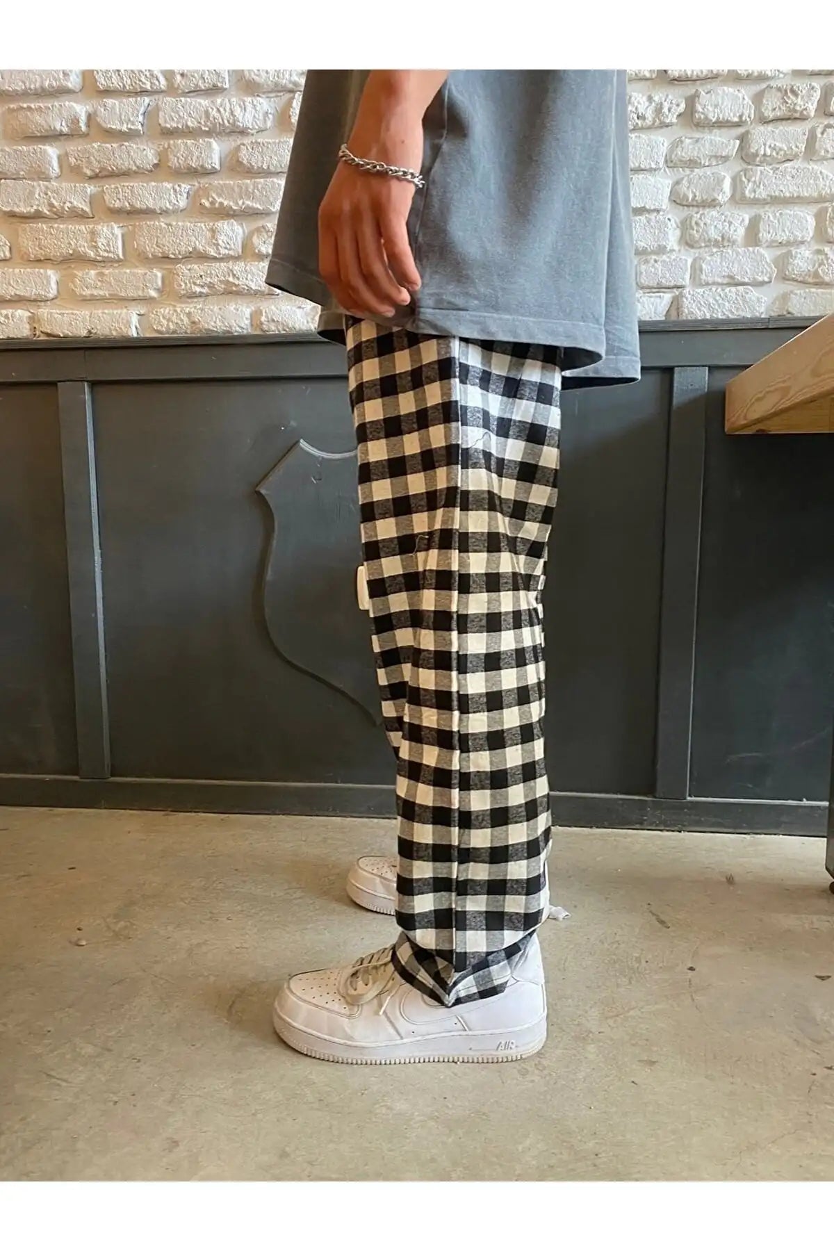 Siyah Ekose Desen Bel Lastikli Siyah Pijama
