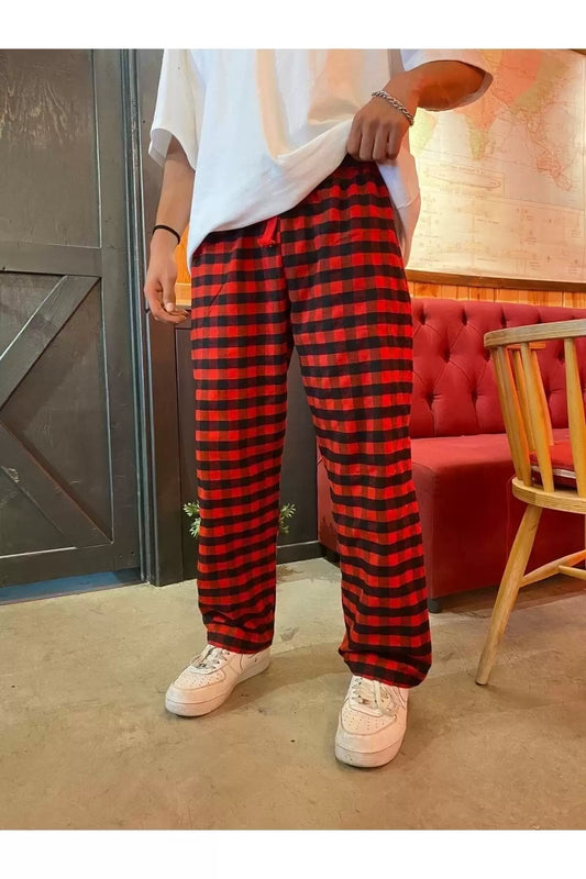 Kırmızı Ekose Desen Bel Lastikli Kırmızı Pijama