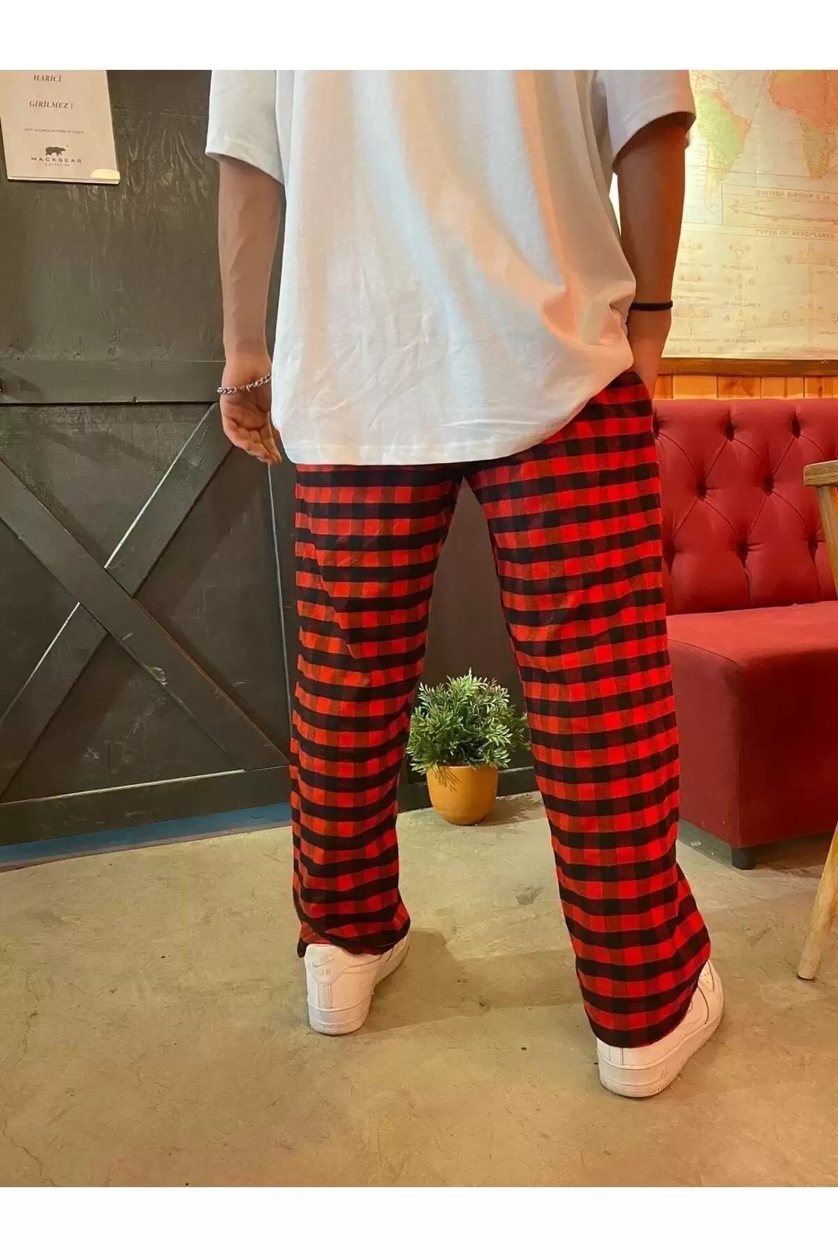 Kırmızı Ekose Desen Bel Lastikli Kırmızı Pijama