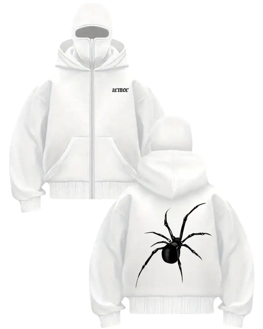 Beyaz Armor Spider Baskılı Kar Maskeli Unisex Sweatshirt Hırka