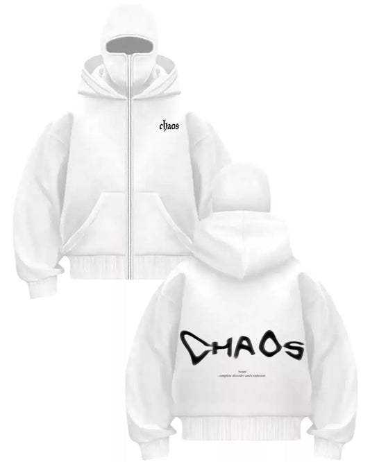 Beyaz Chaos Baskılı Kar Maskeli Unisex Sweatshirt Hırka