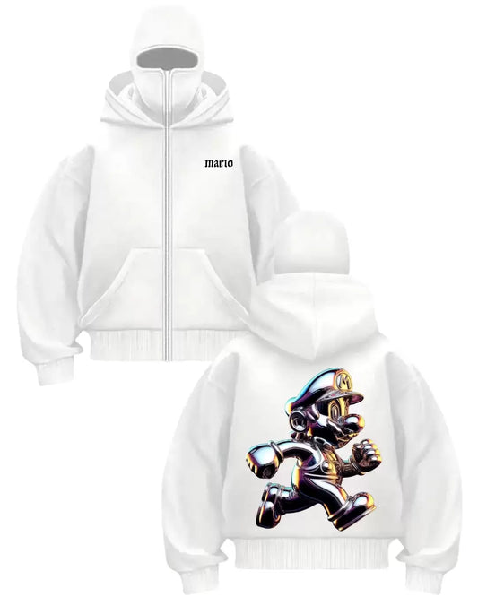Beyaz Holo Mario Baskılı Kar Maskeli Unisex Sweatshirt Hırka