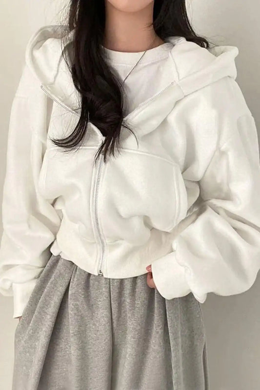 Beyaz Korse Kesim Kapüşonlu Crop Hırka