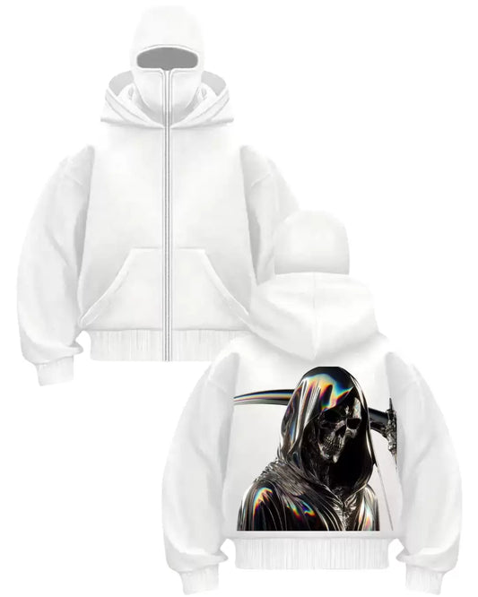Beyaz Ölüm Meleği Baskılı Kar Maskeli Unisex Sweatshirt Hırka