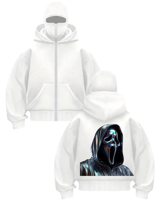 Beyaz Scream Holo Baskılı Kar Maskeli Unisex Sweatshirt Hırka