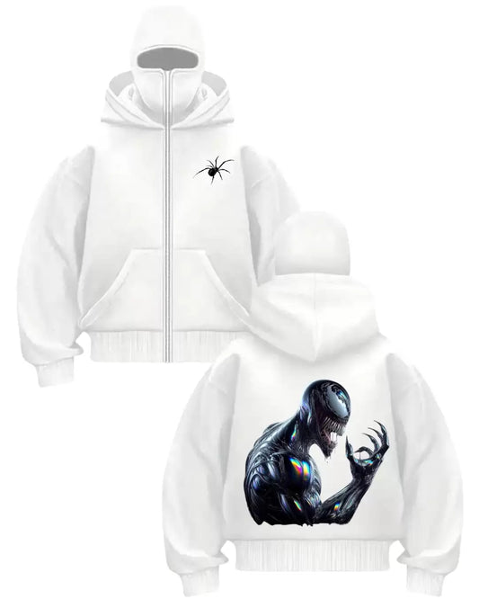 Beyaz Venom Baskılı Kar Maskeli Unisex Sweatshirt Hırka