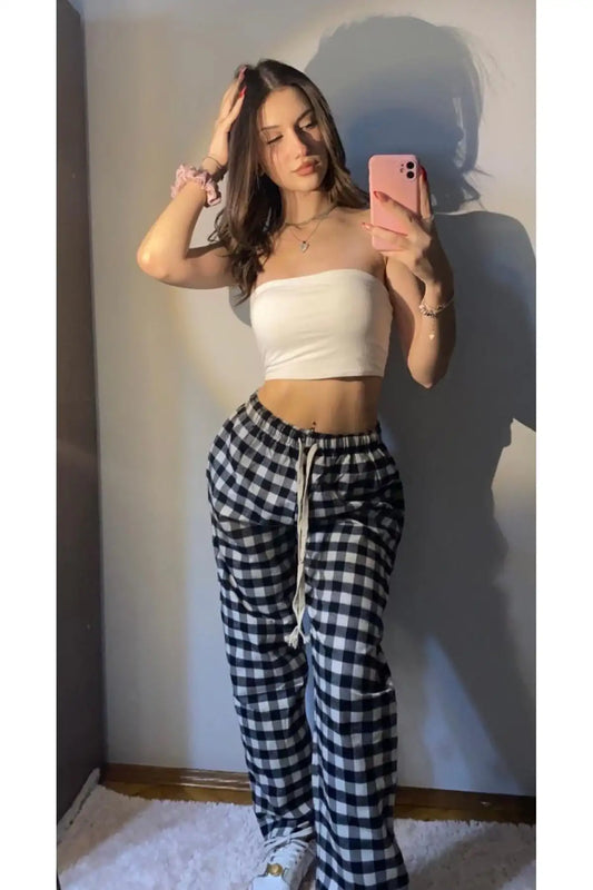 Ekose Model Desenli Siyah Beyaz Eşofman Pijama Altı