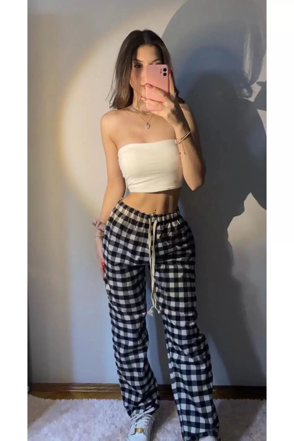 Ekose Model Desenli Siyah Beyaz Eşofman Pijama Altı