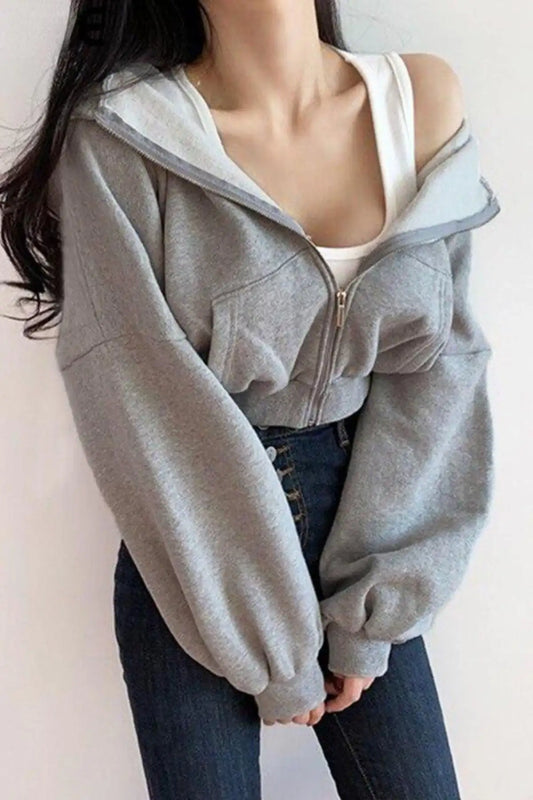 Gri Korse Kesim Kapüşonlu Crop Hırka