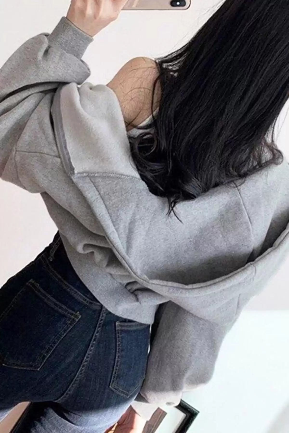 Gri Korse Kesim Kapüşonlu Crop Hırka