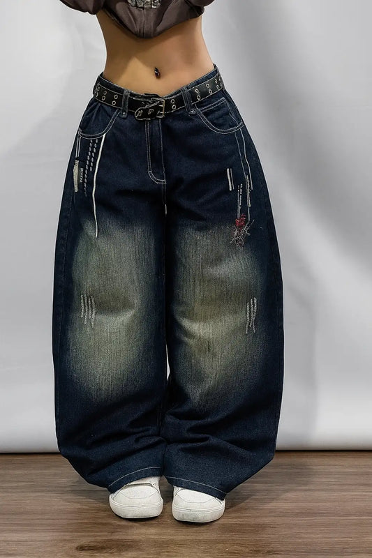Lacivert D2T Vintage Yıkamalı Baggy Y2K Pantolon