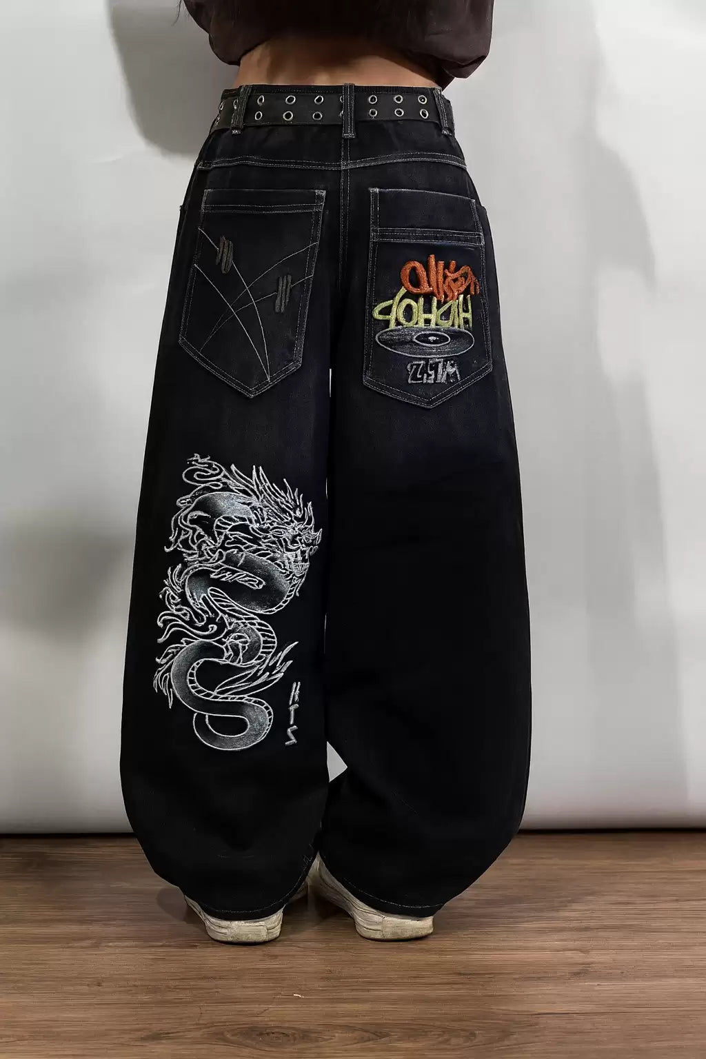 Lacivert Dragon Vintage Yıkamalı Baggy Y2K Pantolon