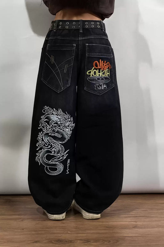 Lacivert Dragon Vintage Yıkamalı Baggy Y2K Pantolon