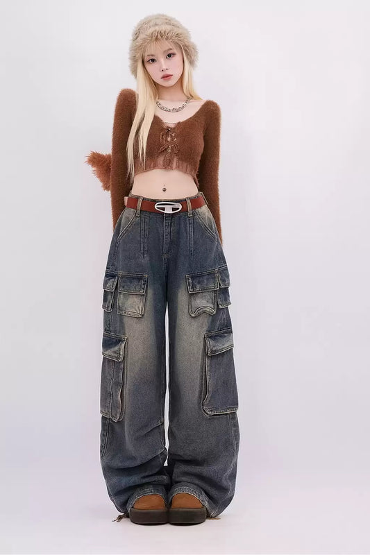 Lacivert Vintage Yıkamalı Baggy Y2K Kargo Pantolon