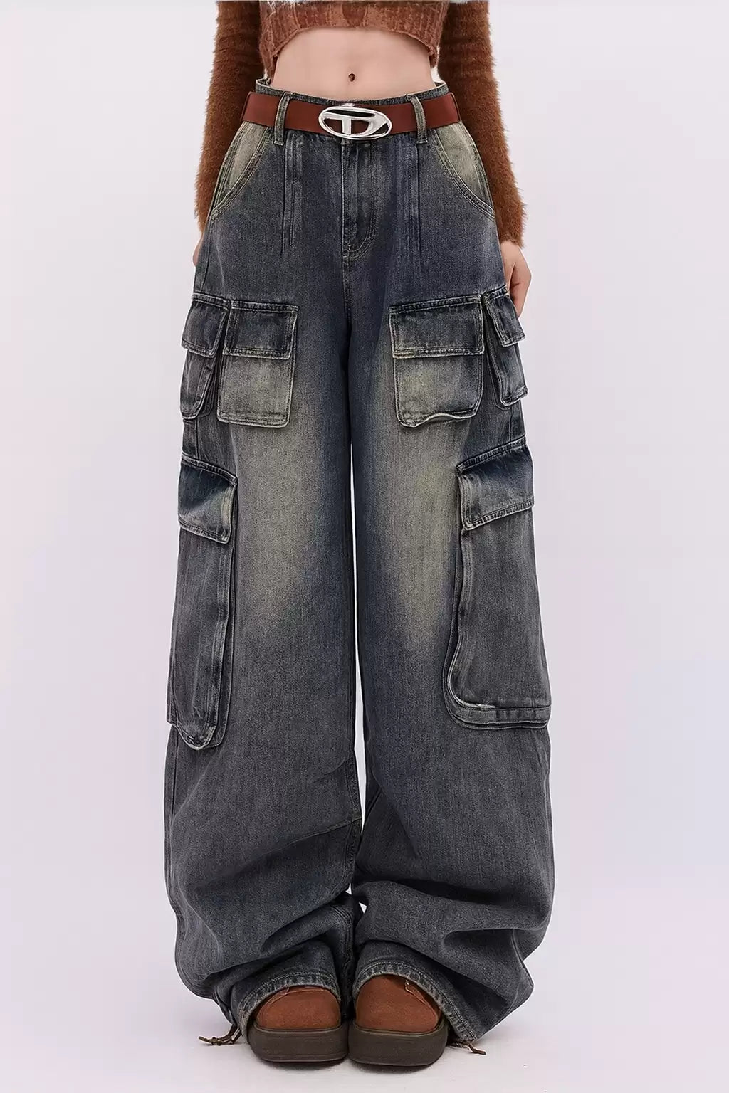 Lacivert Vintage Yıkamalı Baggy Y2K Kargo Pantolon