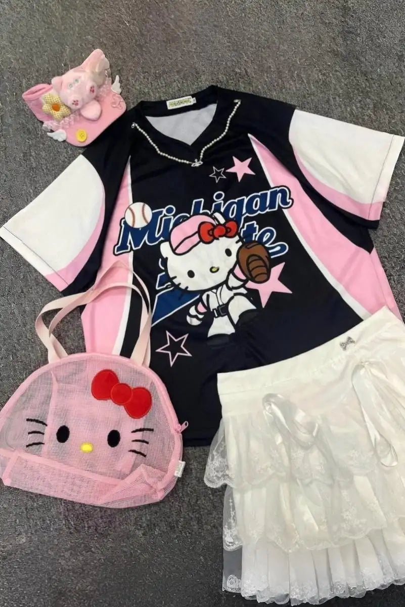 Pembe Siyah Hello Kitty Michigan Sports Forma Unisex T-shirt