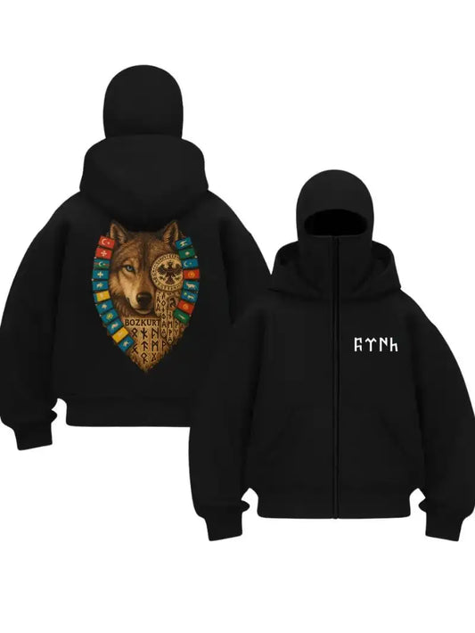 Siyah 19 Bayraklı Türk Devleti Baskılı Kar Maskeli Unisex Sweatshirt Hırka