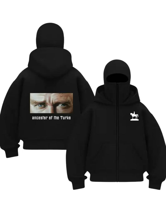 Siyah ATATÜRK Baskılı Kar Maskeli Unisex Sweatshirt Hırka