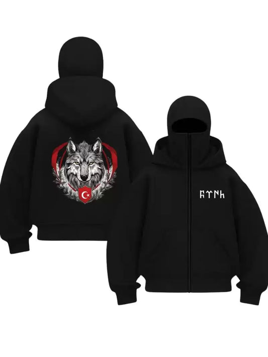 Siyah Bozkurt & Ay Yıldız Baskılı Kar Maskeli Unisex Sweatshirt Hırka