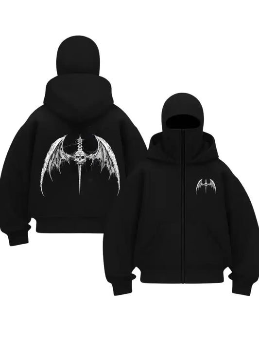 Siyah Death Wings Baskılı Kar Maskeli Unisex Sweatshirt Hırka
