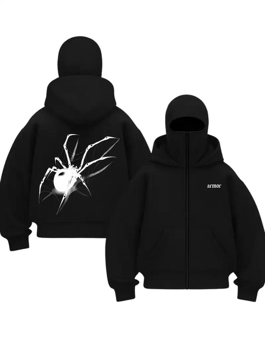 Siyah Armor Spider Baskılı Kar Maskeli Unisex Sweatshirt Hırka