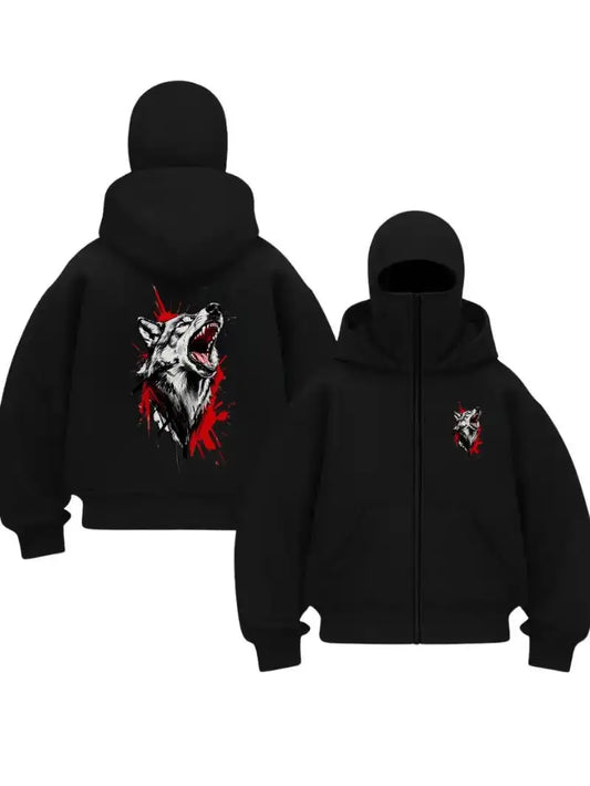 Siyah Howling Wolf Baskılı Kar Maskeli Unisex Sweatshirt Hırka