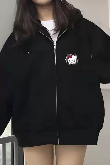 Siyah Mini Kitty Cat Unisex Kapüşonlu Fermuarlı Hırka