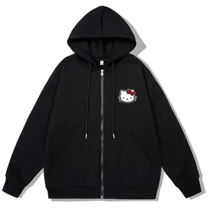 Siyah Mini Kitty Cat Unisex Kapüşonlu Fermuarlı Hırka