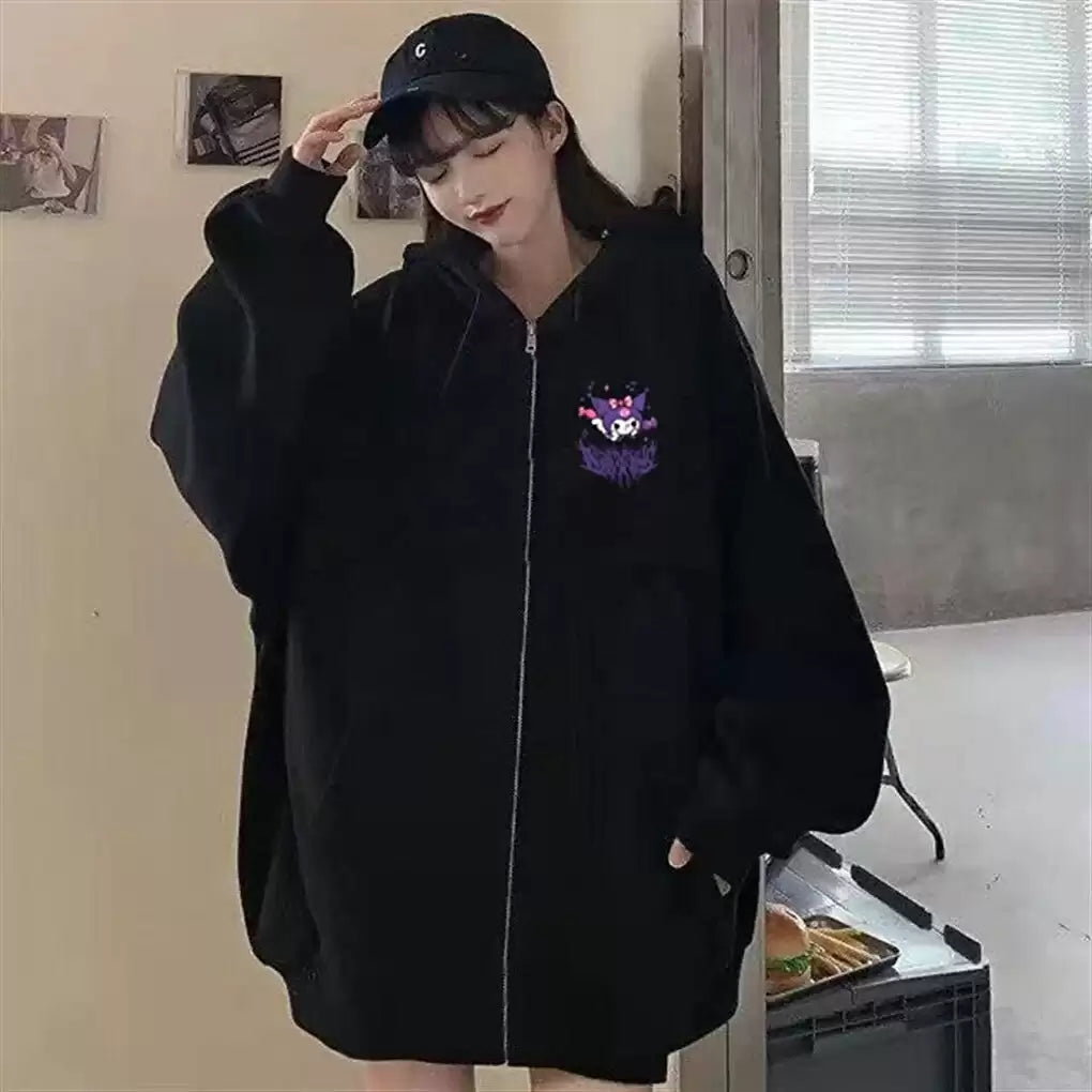 Siyah Mini Harajuku Anime Kuromi Unisex Fermuarlı Hırka
