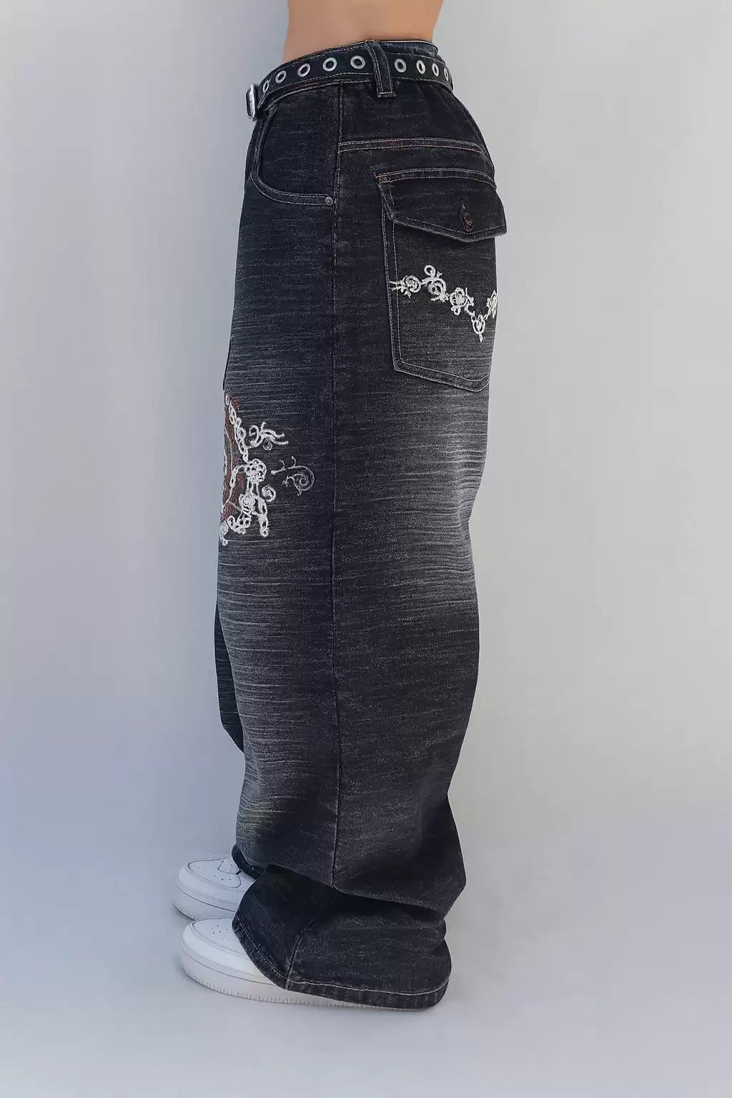 Siyah Yıkamalı P Patchli Vintage Baggy Y2K Pantolon