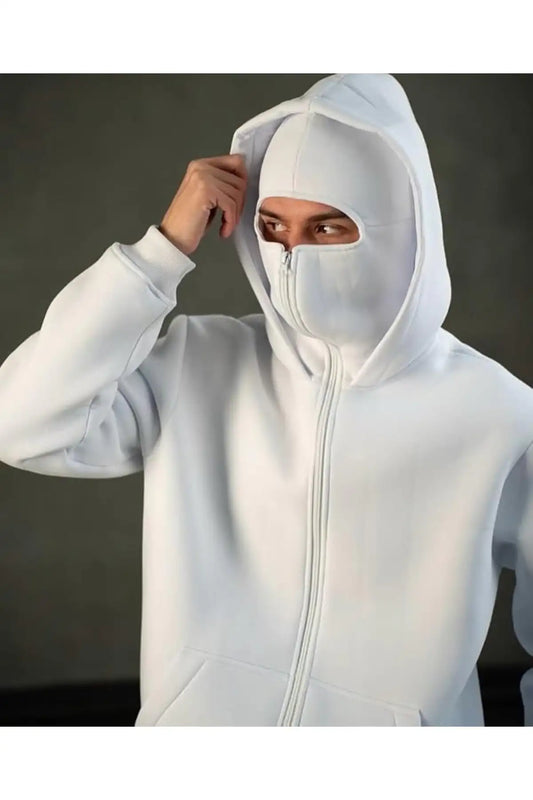 Beyaz Kar Maskeli Ninja Unisex Sweatshirt Hırka kalın polar