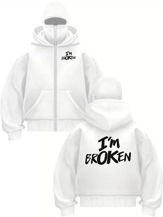 Unisex Oversize Beyaz I'M Broken Baskılı Maskeli Hoodie