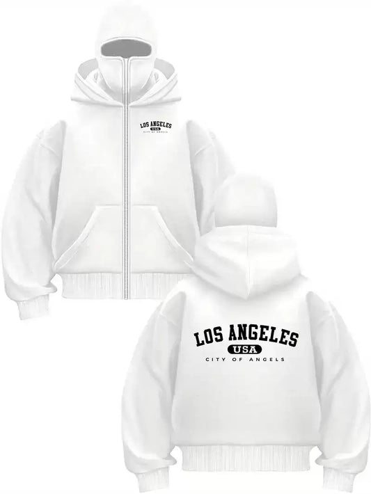 Unisex Oversize Beyaz Los Angeles Usa Baskılı Maskeli Hoodie