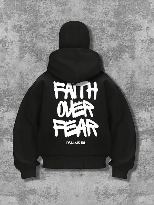Unisex Oversize Siyah Fait Over Fear Baskılı Maskeli Hoodie