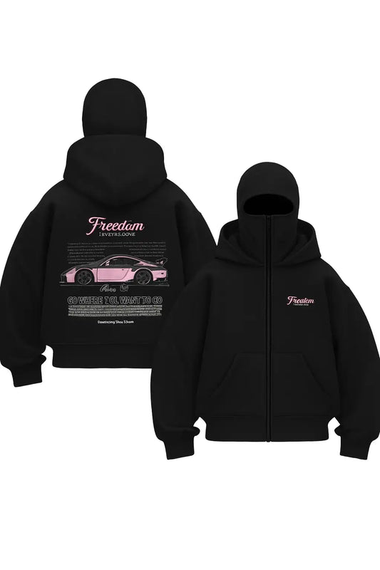 Unisex Oversize Siyah Freedom Araba Baskılı Maskeli Hoodie