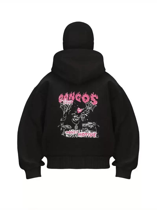 Unisex Oversize Siyah Gangos Money Motive Baskılı Maskeli Hoodie