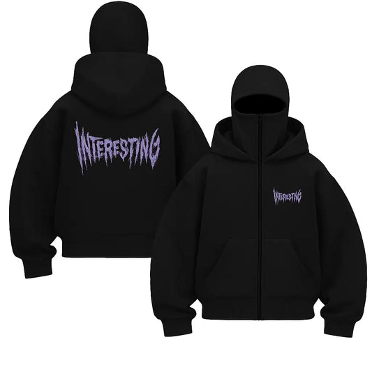Unisex Oversize Siyah Interesting Baskılı Maskeli Hoodie