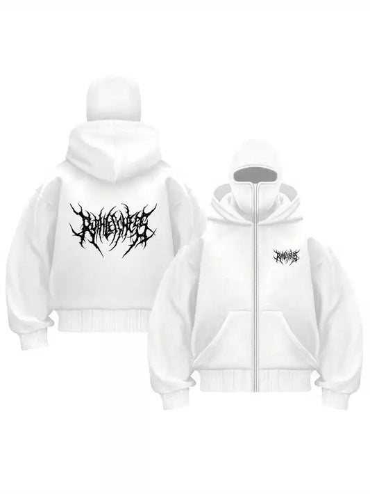 Beyaz Unisex Oversize Tam Fermuarlı Maskeli Gotik Kapüşonlu Hoodie Sweatshirt