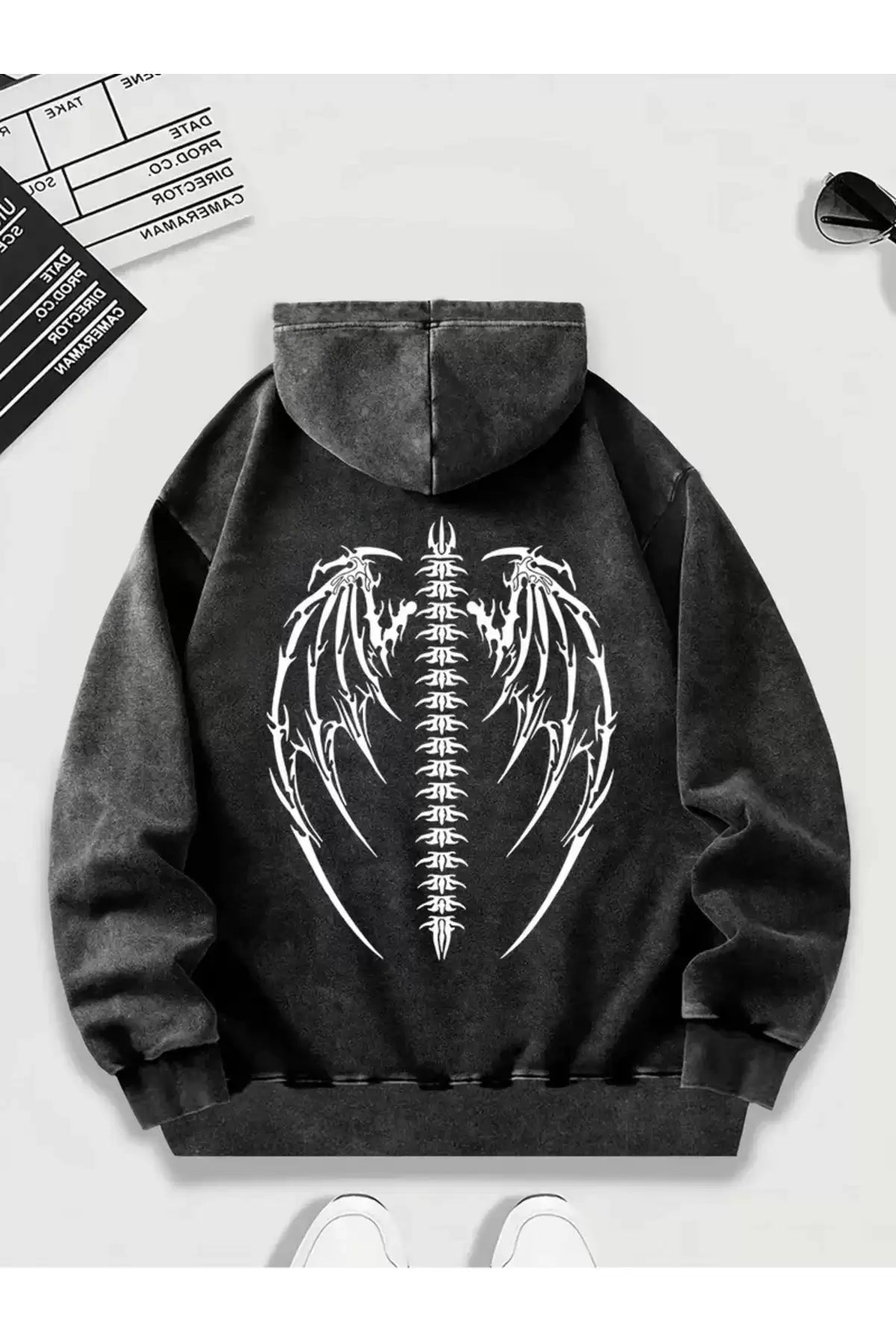 Yıkamalı Skeleton Kapüşonlu Sweatshirt Hoodie